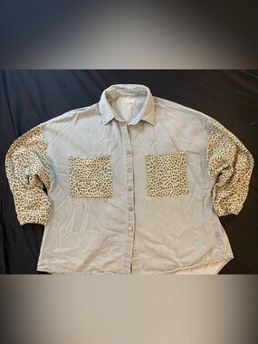 POL Light Blue Button-Down Shirt with Leopard Print Pockets and Sleeves